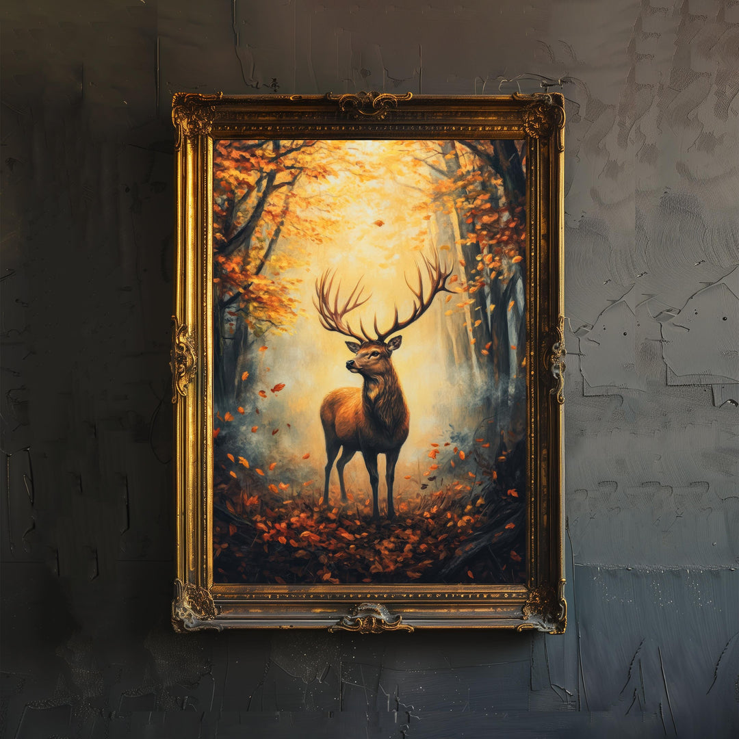 Stag Misty Autumn Morning Poster Cottagecore Decor Dark Academia Art Enchanted Wildlife Illustration Vintage Nature Wall Art