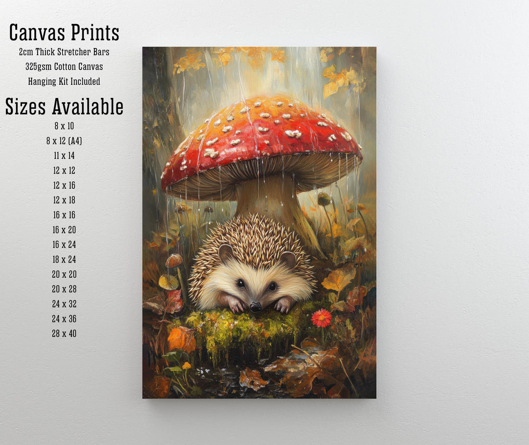 Hedgehog Under Mushroom Poster Cottagecore Decor Dark Academia Art Enchanted Illustration Vintage Woodland Wall Art Rustic Aesthetic