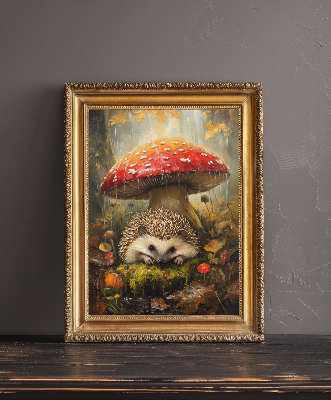 Hedgehog Under Mushroom Poster Cottagecore Decor Dark Academia Art Enchanted Illustration Vintage Woodland Wall Art Rustic Aesthetic
