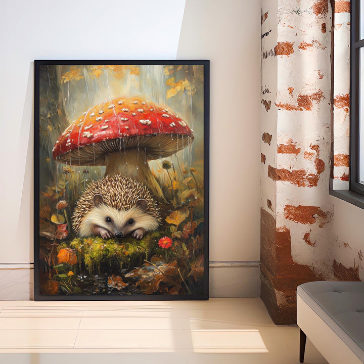 Hedgehog Under Mushroom Poster Cottagecore Decor Dark Academia Art Enchanted Illustration Vintage Woodland Wall Art Rustic Aesthetic