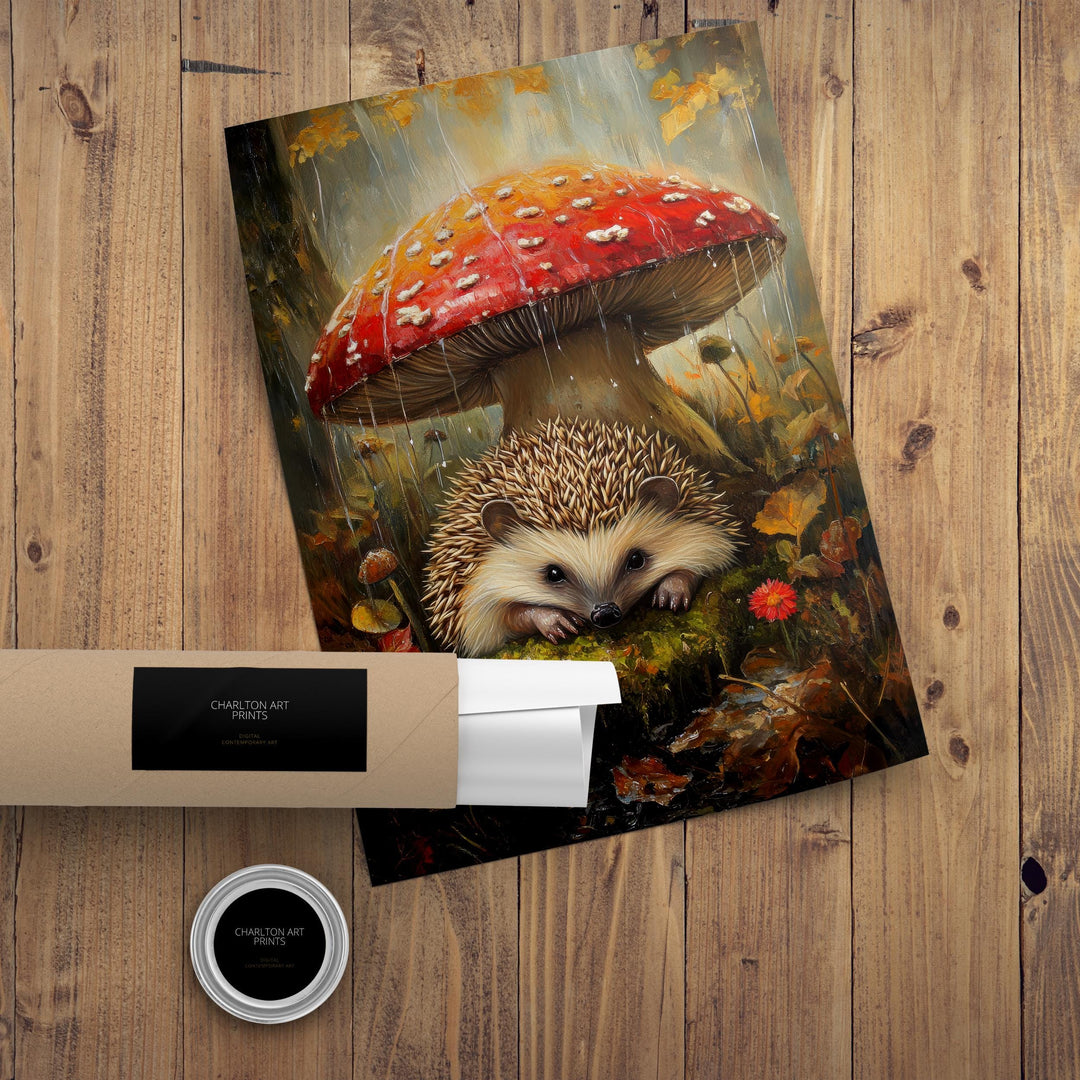 Hedgehog Under Mushroom Poster Cottagecore Decor Dark Academia Art Enchanted Illustration Vintage Woodland Wall Art Rustic Aesthetic