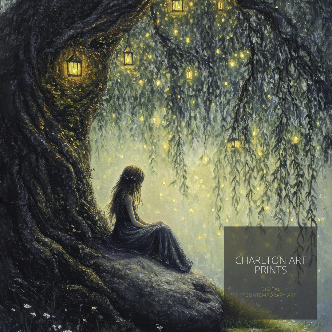 Fairy Beneath Willow Tree Poster Cottagecore Decor Dark Academia Art Enchanted Illustration Vintage Woodland Wall Art Rustic Aesthetic
