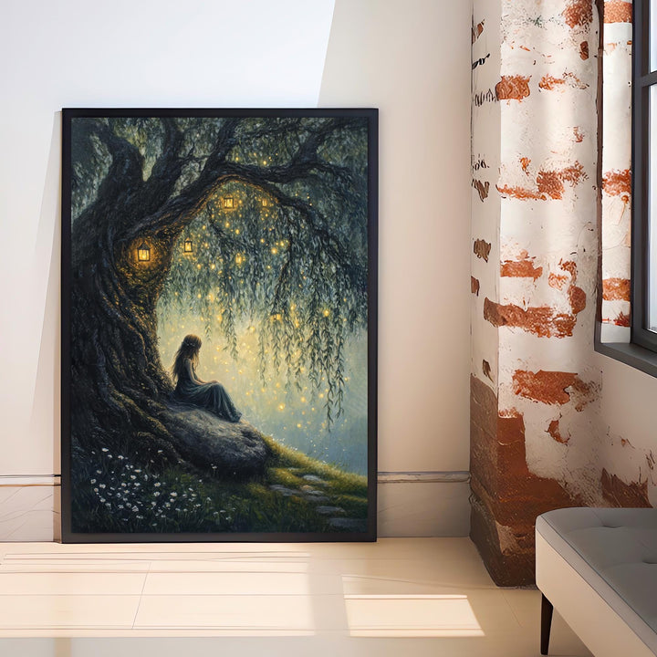 Fairy Beneath Willow Tree Poster Cottagecore Decor Dark Academia Art Enchanted Illustration Vintage Woodland Wall Art Rustic Aesthetic