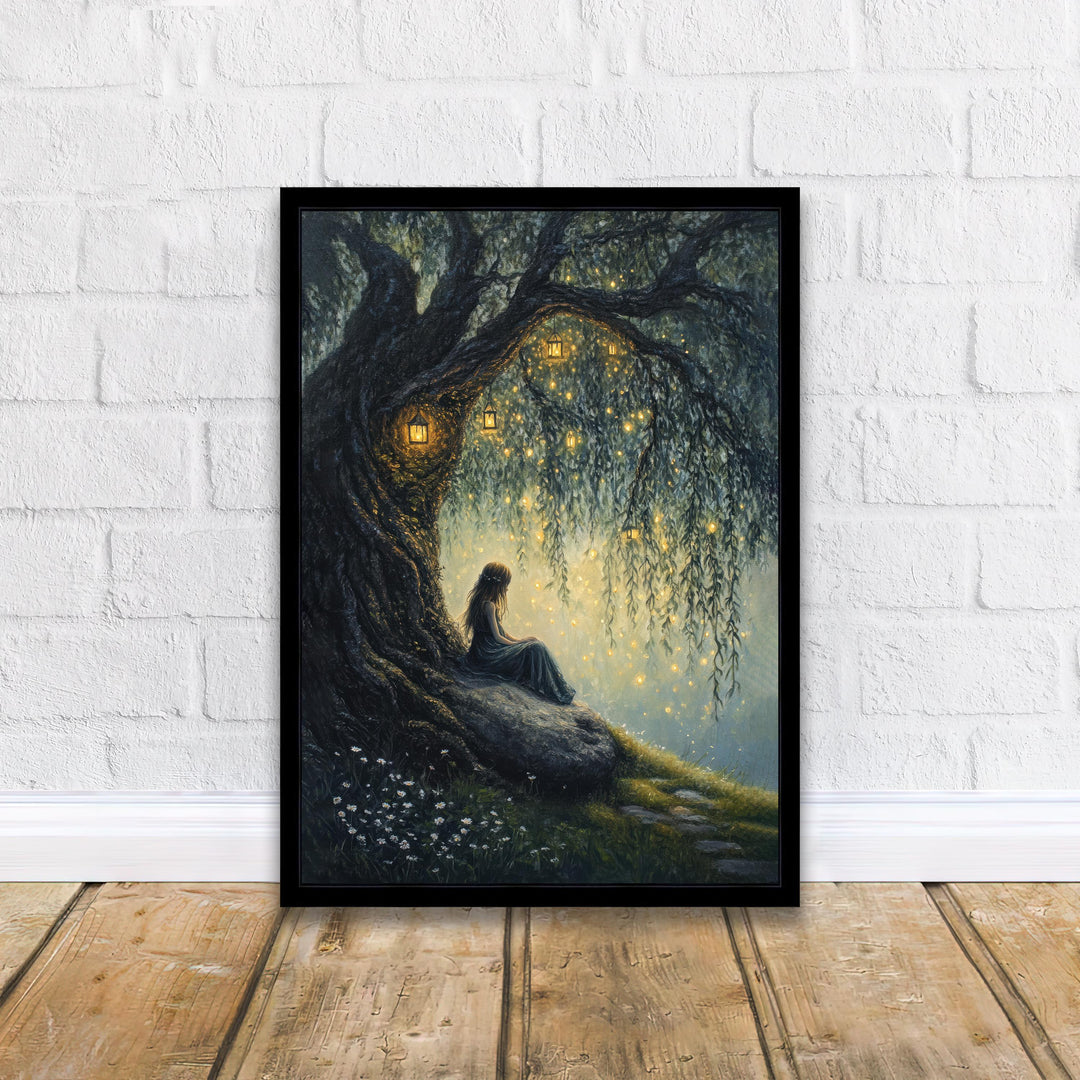 Fairy Beneath Willow Tree Poster Cottagecore Decor Dark Academia Art Enchanted Illustration Vintage Woodland Wall Art Rustic Aesthetic