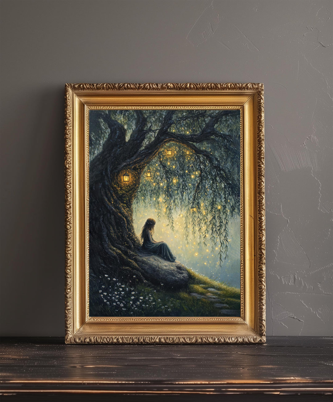 Fairy Beneath Willow Tree Poster Cottagecore Decor Dark Academia Art Enchanted Illustration Vintage Woodland Wall Art Rustic Aesthetic