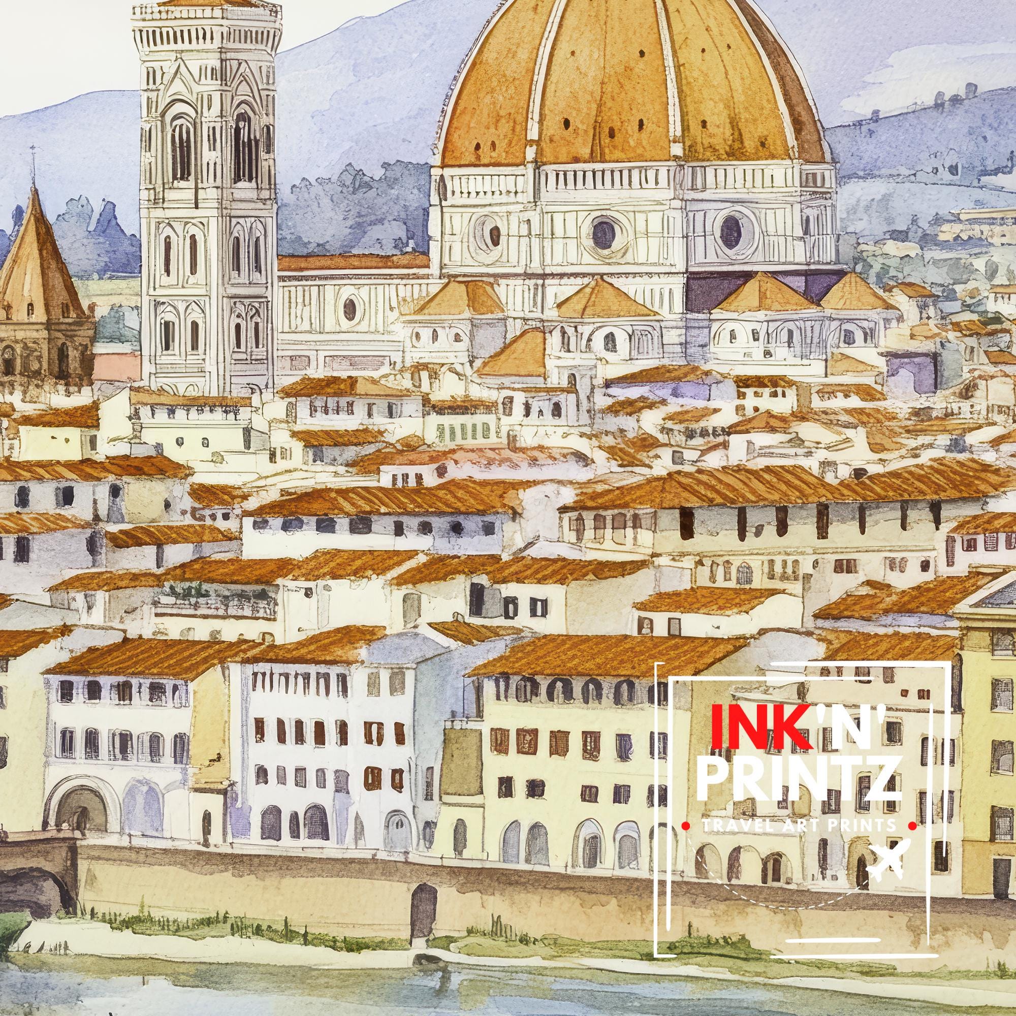 Florence Watercolor Painting Italian City Art Florence Print Scenic Tuscan Decor