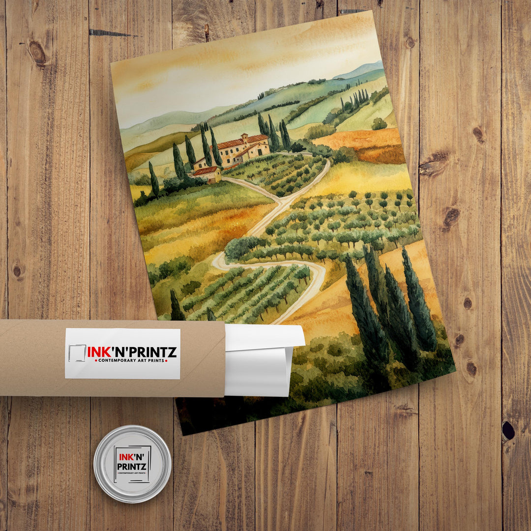 Tuscany Watercolor Painting Italian Landscape Art Tuscany Print Scenic Tuscany Decor