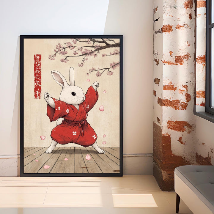 Kung Fu Rabbit Japanese Art Print Whimsical Poster Ukiyo-e Style Bunny Wall Art for Cozy Homes Martial Arts and Animal Lover Decor