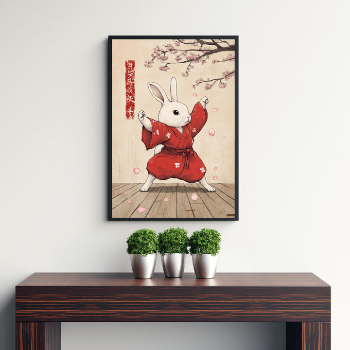 Kung Fu Rabbit Japanese Art Print Whimsical Poster Ukiyo-e Style Bunny Wall Art for Cozy Homes Martial Arts and Animal Lover Decor