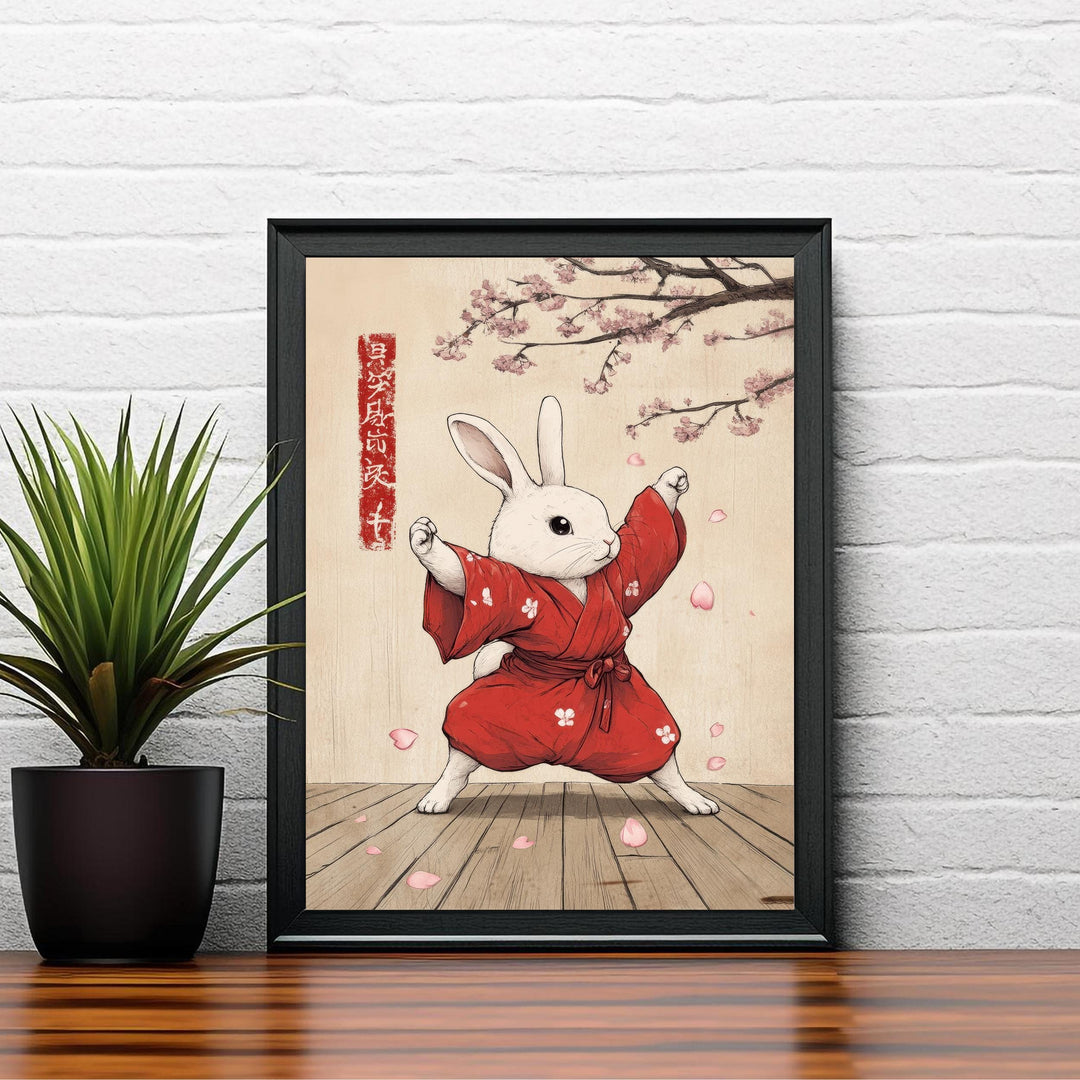 Kung Fu Rabbit Japanese Art Print Whimsical Poster Ukiyo-e Style Bunny Wall Art for Cozy Homes Martial Arts and Animal Lover Decor