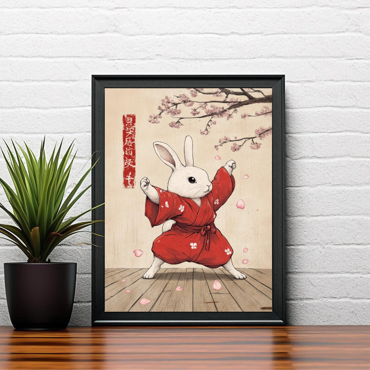 Kung Fu Rabbit Japanese Art Print Whimsical Poster Ukiyo-e Style Bunny Wall Art for Cozy Homes Martial Arts and Animal Lover Decor