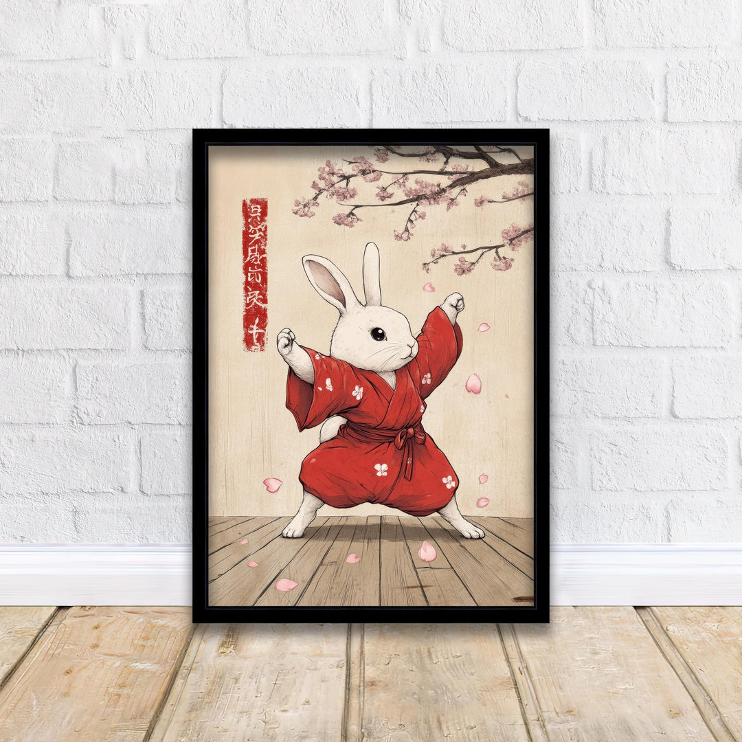 Kung Fu Rabbit Japanese Art Print Whimsical Poster Ukiyo-e Style Bunny Wall Art for Cozy Homes Martial Arts and Animal Lover Decor
