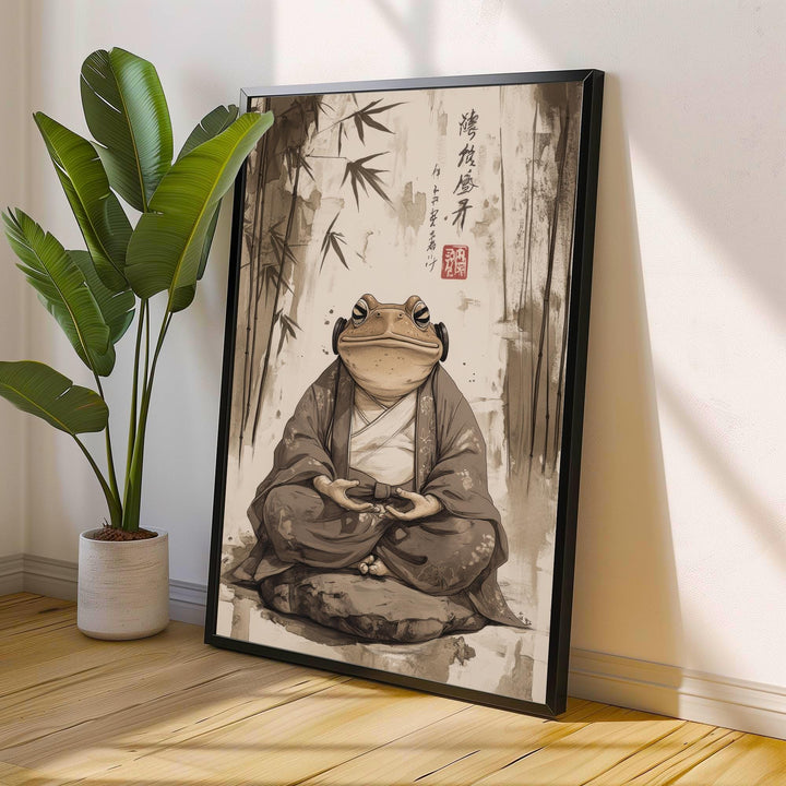 Japanese Meditating Toad Art Print Whimsical Poster Ukiyo-e Style Amphibian Wall Art for Cozy Homes Zen Decor and Nature Inspired Spaces