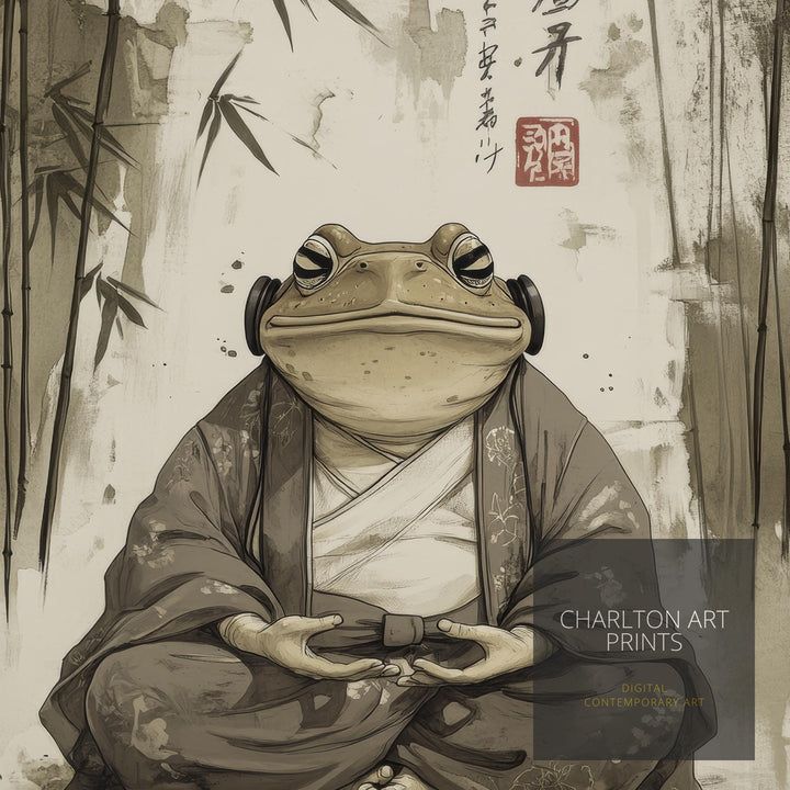 Japanese Meditating Toad Art Print Whimsical Poster Ukiyo-e Style Amphibian Wall Art for Cozy Homes Zen Decor and Nature Inspired Spaces