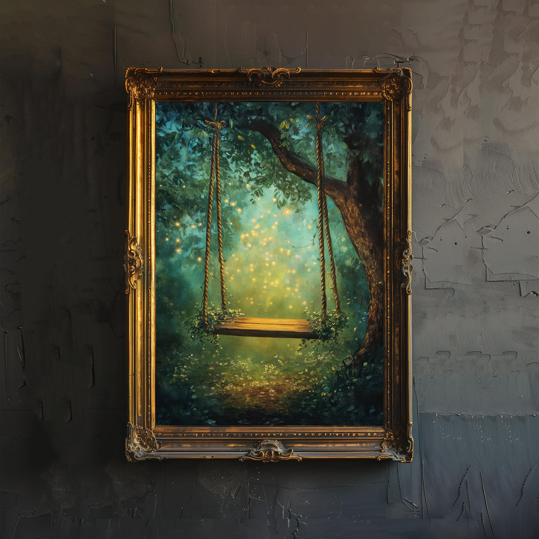 Fairy Swing Poster Cottagecore Decor Dark Academia Art Enchanted Illustration Vintage Woodland Wall Art Rustic Aesthetic