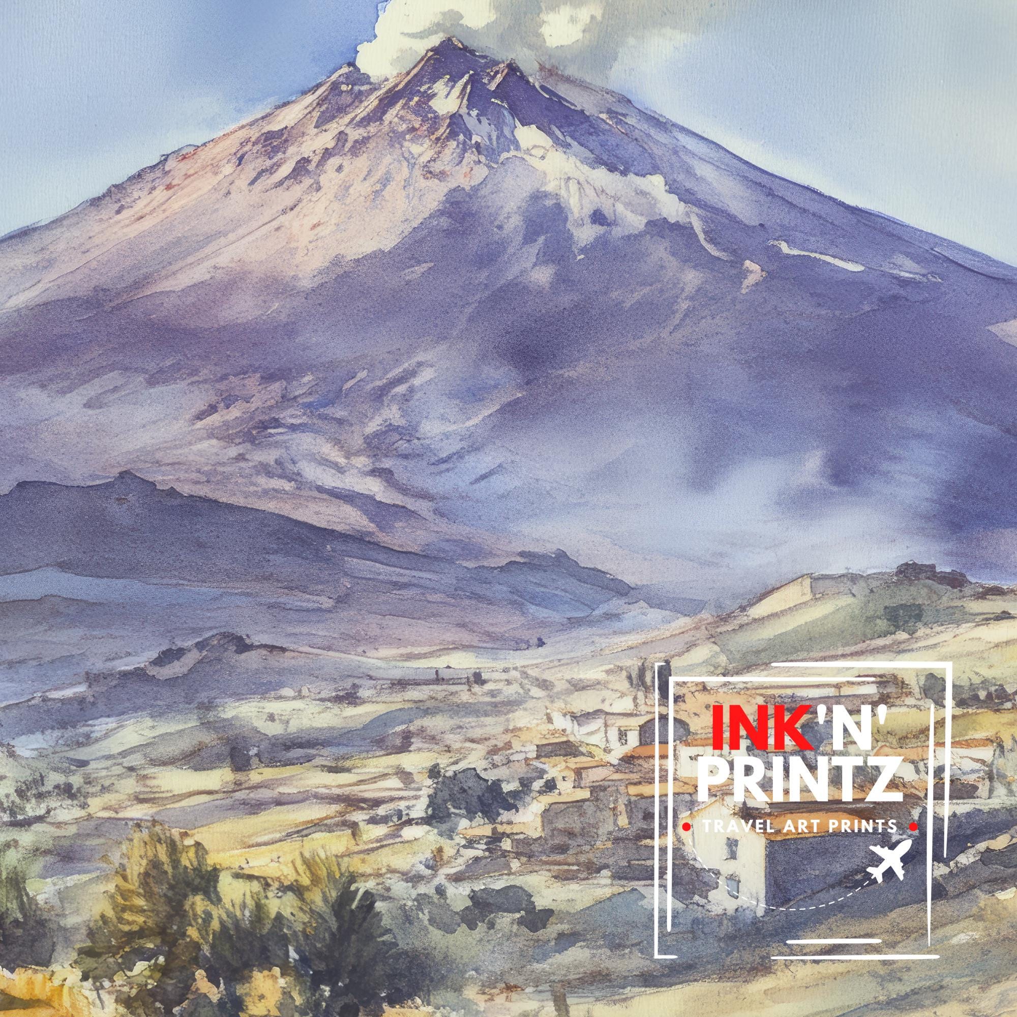 Mount Etna Watercolor Painting Sicily Volcano Art Mount Etna Print Scenic Mountain Decor Gift for Sicily Lovers