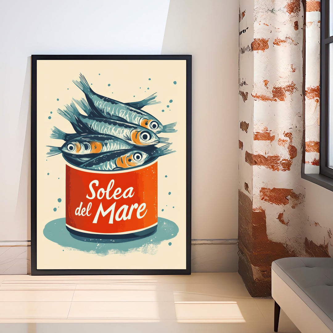 Sardines Travel Poster Vintage Coastal Wall Art Whimsical Fish Print for Kitchen Decor Nautical Homes and Mediterranean Inspired Spaces