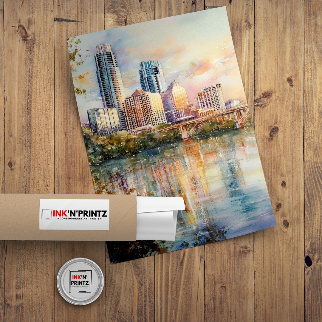 Austin Texas Watercolor Painting Austin Skyline Art Texas Print Scenic Cityscape Decor