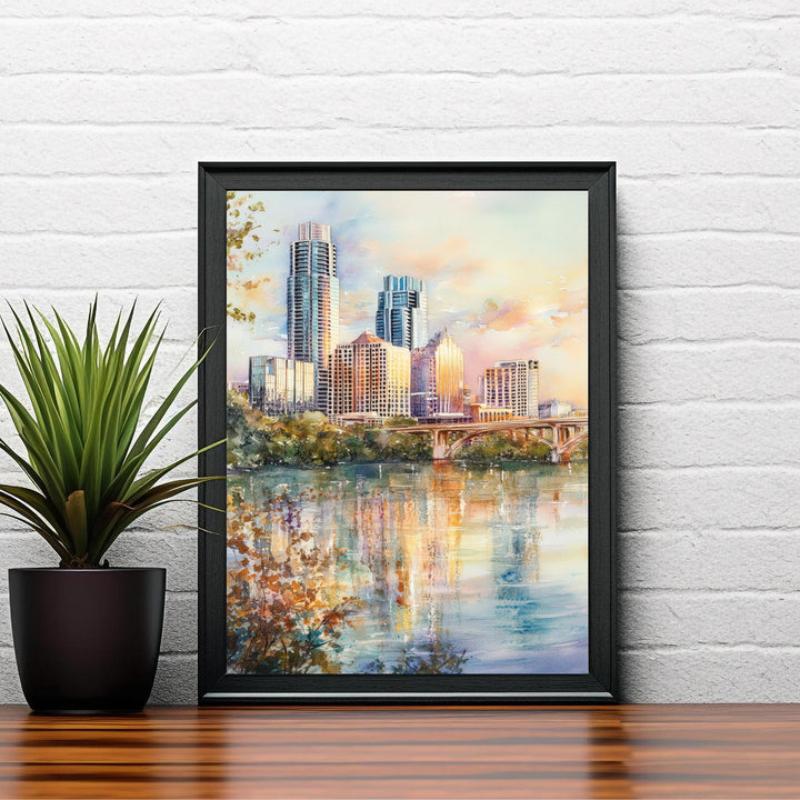 Austin Texas Watercolor Painting Austin Skyline Art Texas Print Scenic Cityscape Decor