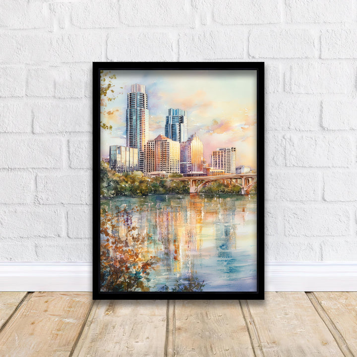 Austin Texas Watercolor Painting Austin Skyline Art Texas Print Scenic Cityscape Decor