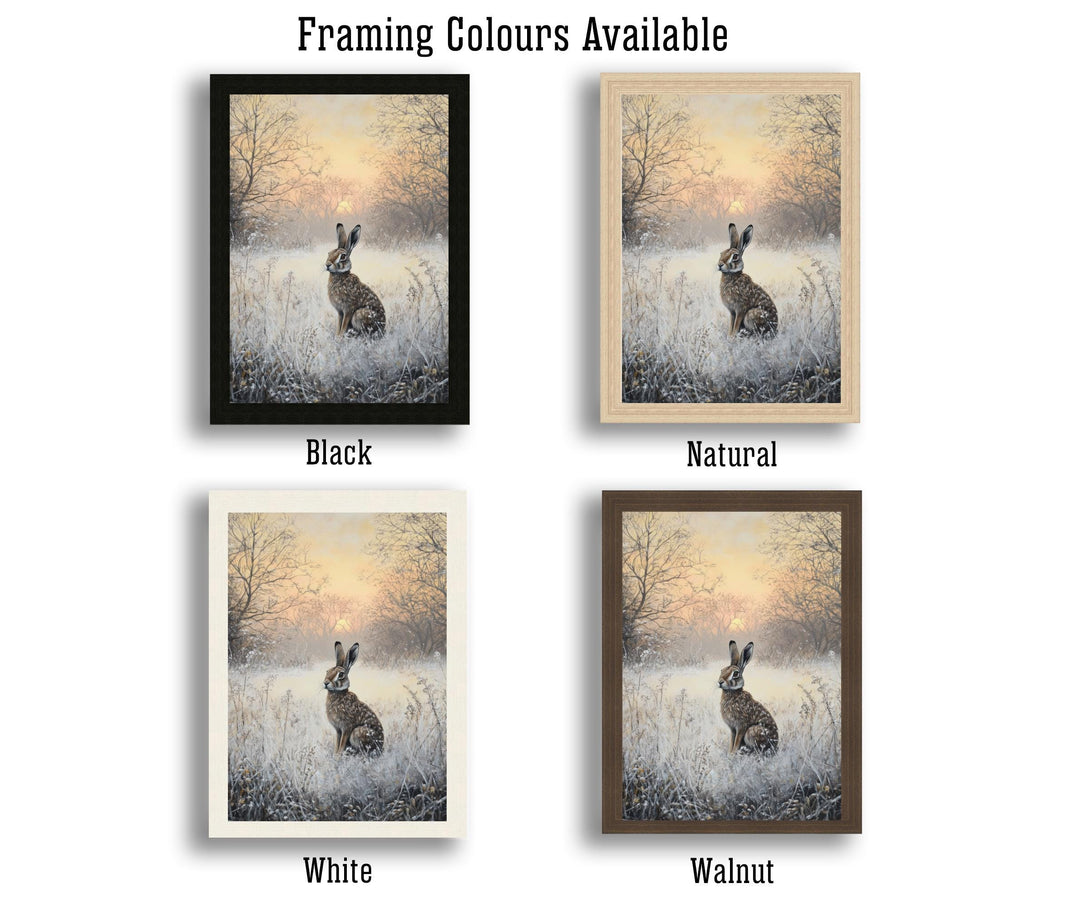 Hare in Frosty Meadow at Dawn Poster Cottagecore Decor Dark Academia Art Enchanted Winter Illustration Vintage Nature Wall Art