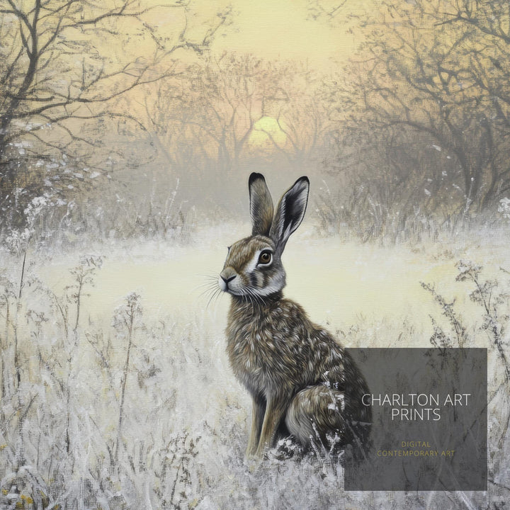 Hare in Frosty Meadow at Dawn Poster Cottagecore Decor Dark Academia Art Enchanted Winter Illustration Vintage Nature Wall Art