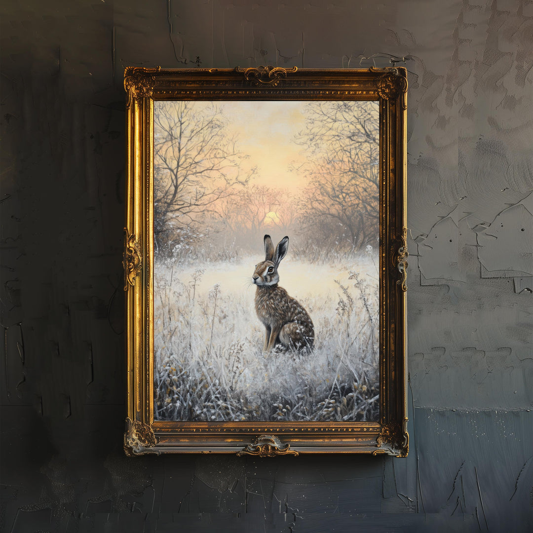 Hare in Frosty Meadow at Dawn Poster Cottagecore Decor Dark Academia Art Enchanted Winter Illustration Vintage Nature Wall Art