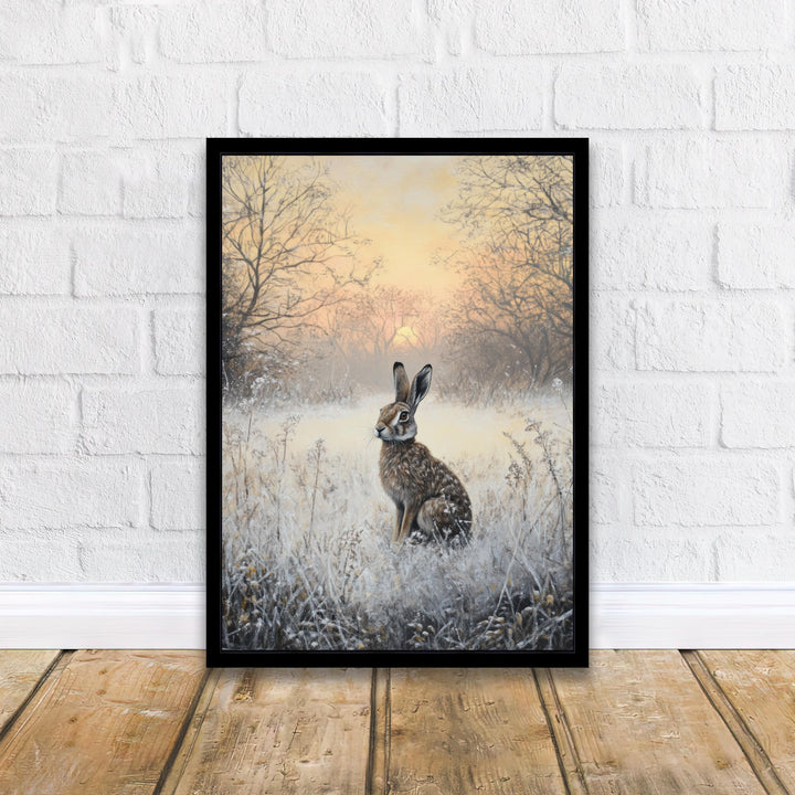 Hare in Frosty Meadow at Dawn Poster Cottagecore Decor Dark Academia Art Enchanted Winter Illustration Vintage Nature Wall Art