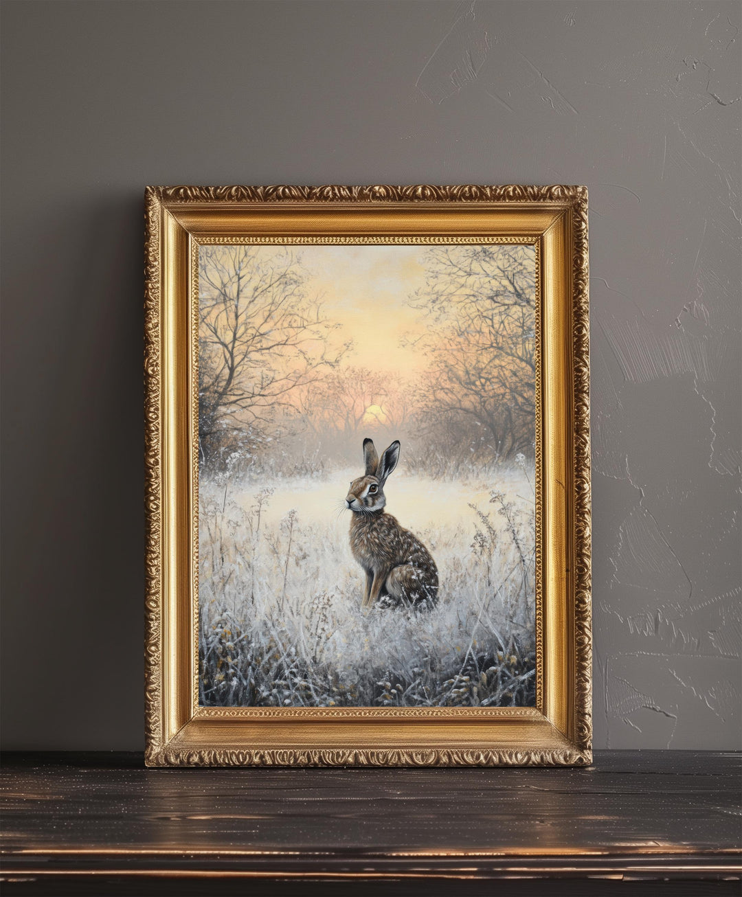 Hare in Frosty Meadow at Dawn Poster Cottagecore Decor Dark Academia Art Enchanted Winter Illustration Vintage Nature Wall Art