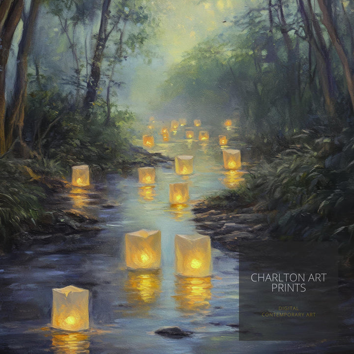 Fairy Lanterns Floating Poster Cottagecore Decor Dark Academia Art Enchanted Illustration Vintage Nature Wall Art Rustic Aesthetic