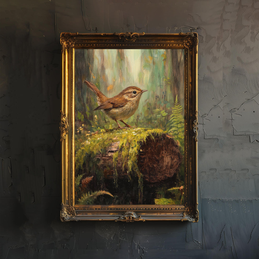 Wren on Mossy Log Art Print Cottagecore Woodland Bird Decor Rustic Nature Wall Art