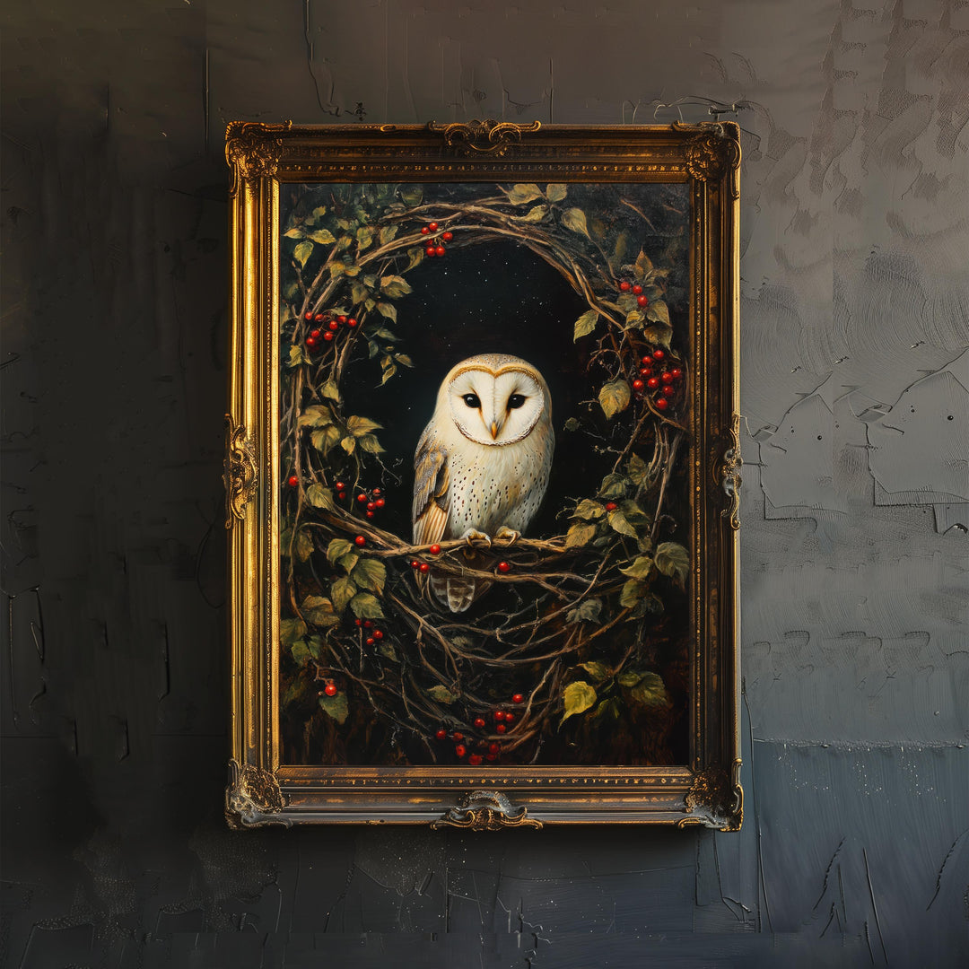 Barn Owl in Hedgerow Art Print Cottagecore Woodland Bird Decor Rustic Nature Wall Art