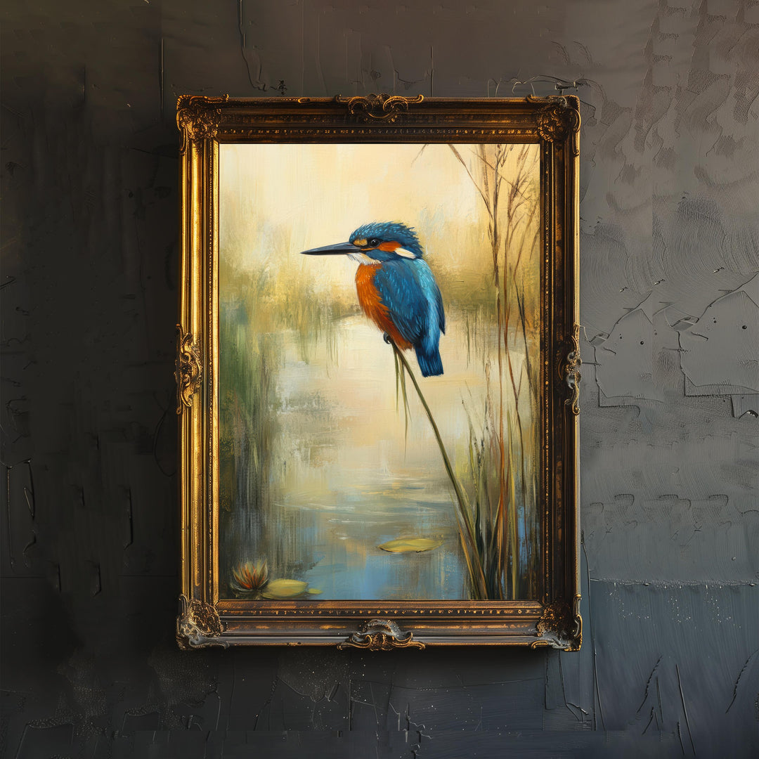 Kingfisher on Reed Art Print Cottagecore Woodland Bird Decor Vibrant Nature Wall Art