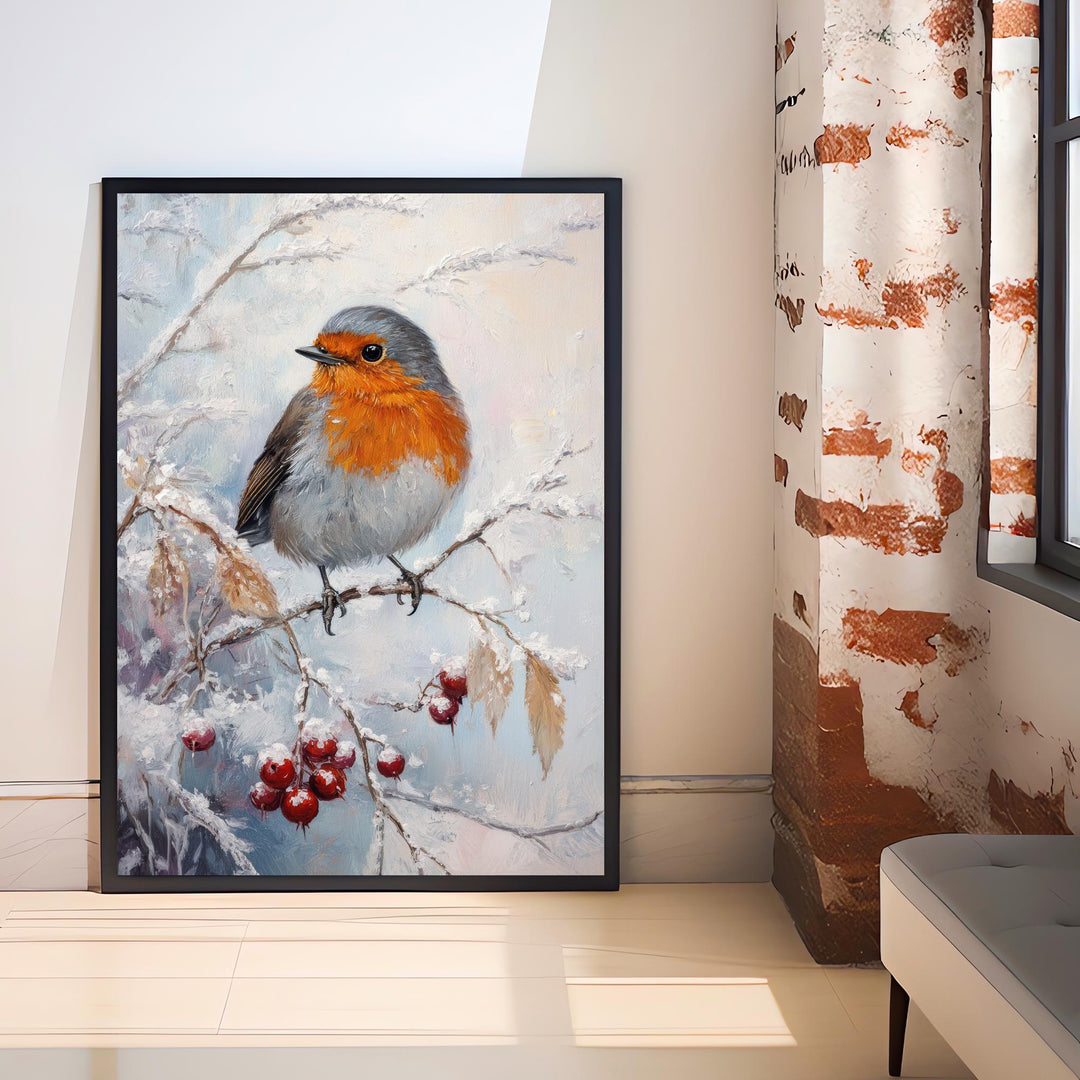 Robin in Frosted Brambles Art Print Cottagecore Winter Nature Decor Woodland Bird Wall Art