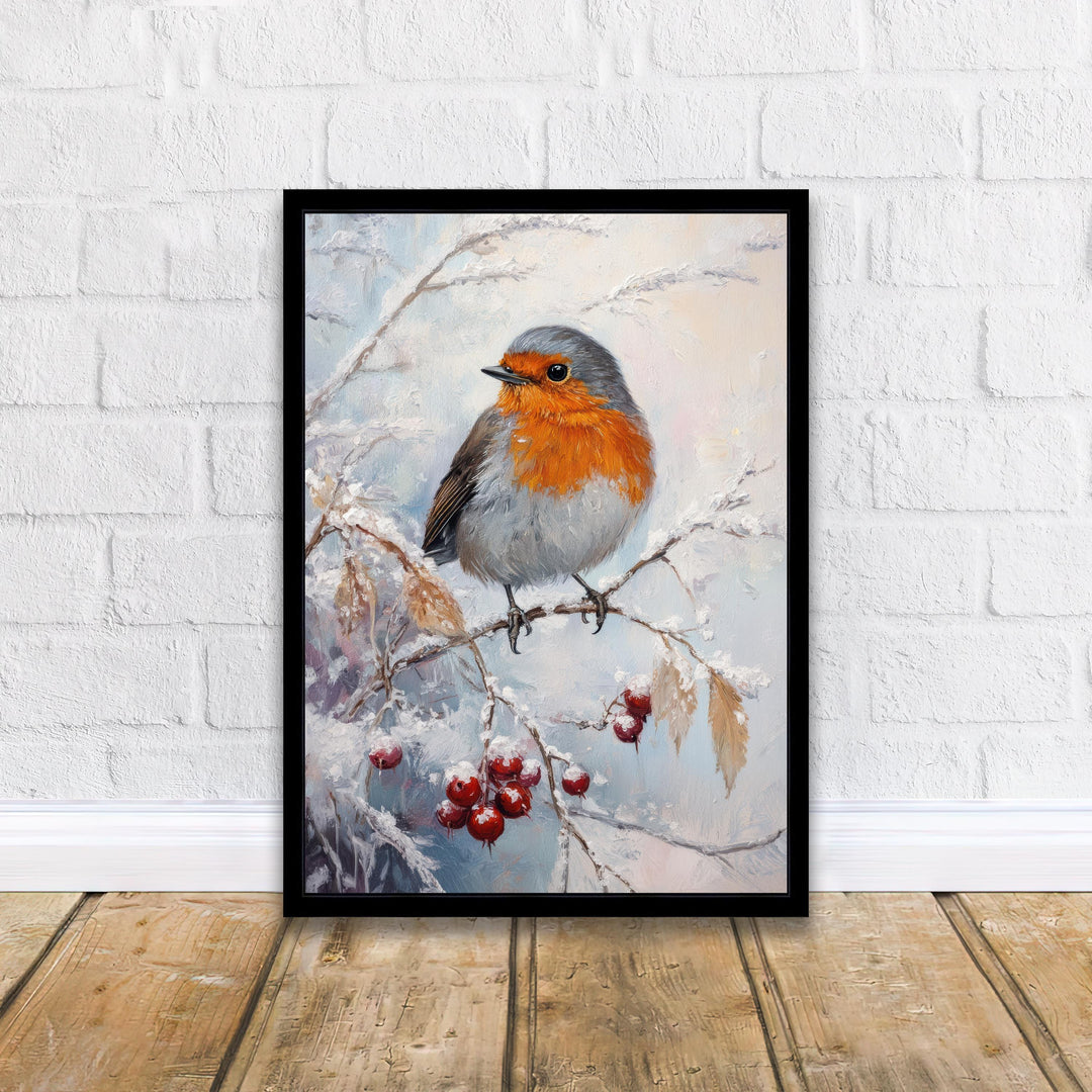 Robin in Frosted Brambles Art Print Cottagecore Winter Nature Decor Woodland Bird Wall Art