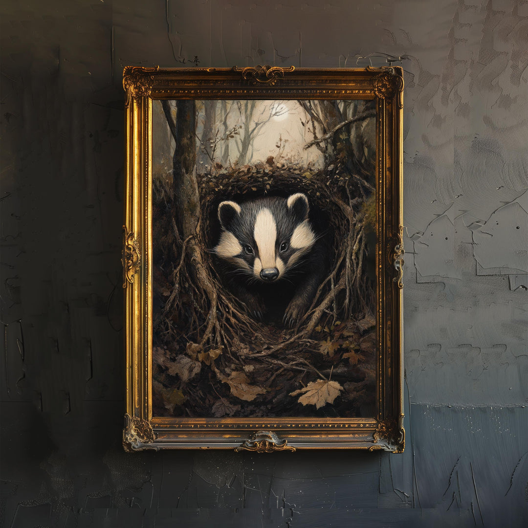 Badger in Burrow Poster Cottagecore Decor Dark Academia Art Enchanted Wildlife Illustration Vintage Nature Wall Art Rustic Aesthetic
