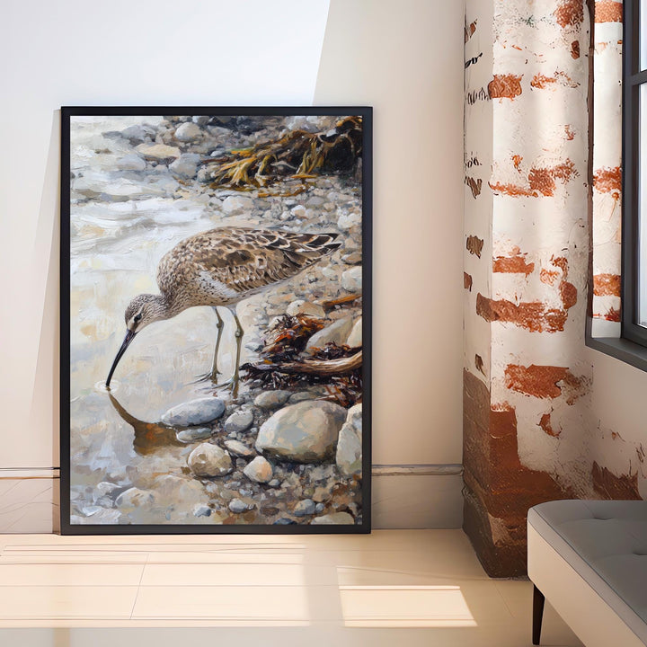 Curlew on Pebbled Beach Poster Cottagecore Decor Dark Academia Art Enchanted Bird Illustration Vintage Nature Wall Art Rustic Aesthetic