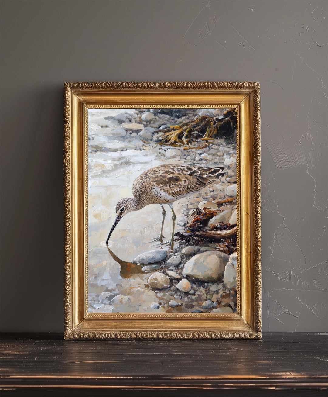 Curlew on Pebbled Beach Poster Cottagecore Decor Dark Academia Art Enchanted Bird Illustration Vintage Nature Wall Art Rustic Aesthetic