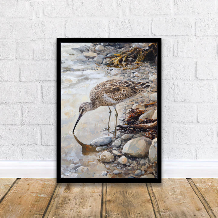 Curlew on Pebbled Beach Poster Cottagecore Decor Dark Academia Art Enchanted Bird Illustration Vintage Nature Wall Art Rustic Aesthetic
