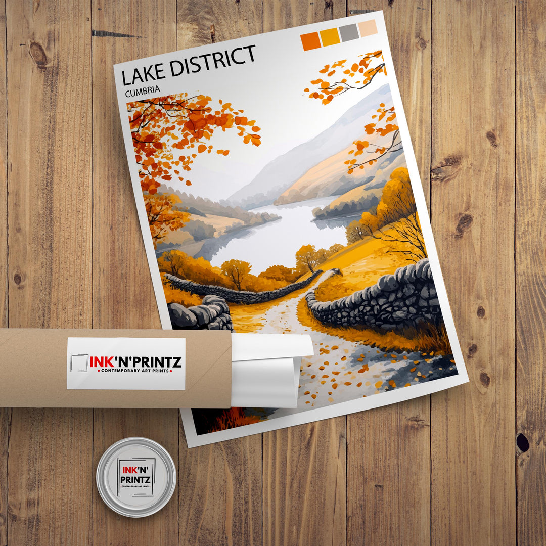 Lake District Travel Poster UK Landscape Art Lake District Print Scenic Mountain Lake Decor