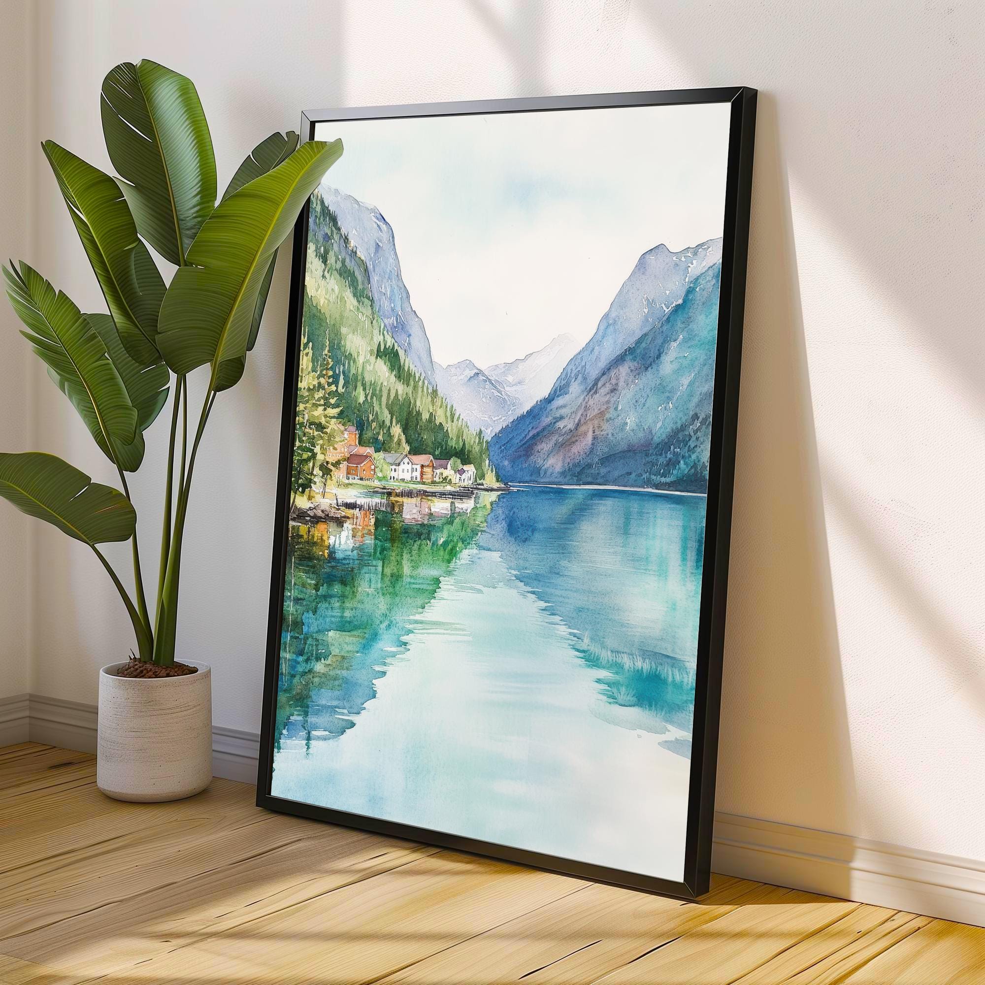 Olden Norway Watercolor Painting Norwegian Fjord Art Olden Print Scenic Mountain Lake Decor Gift for Norway Lovers