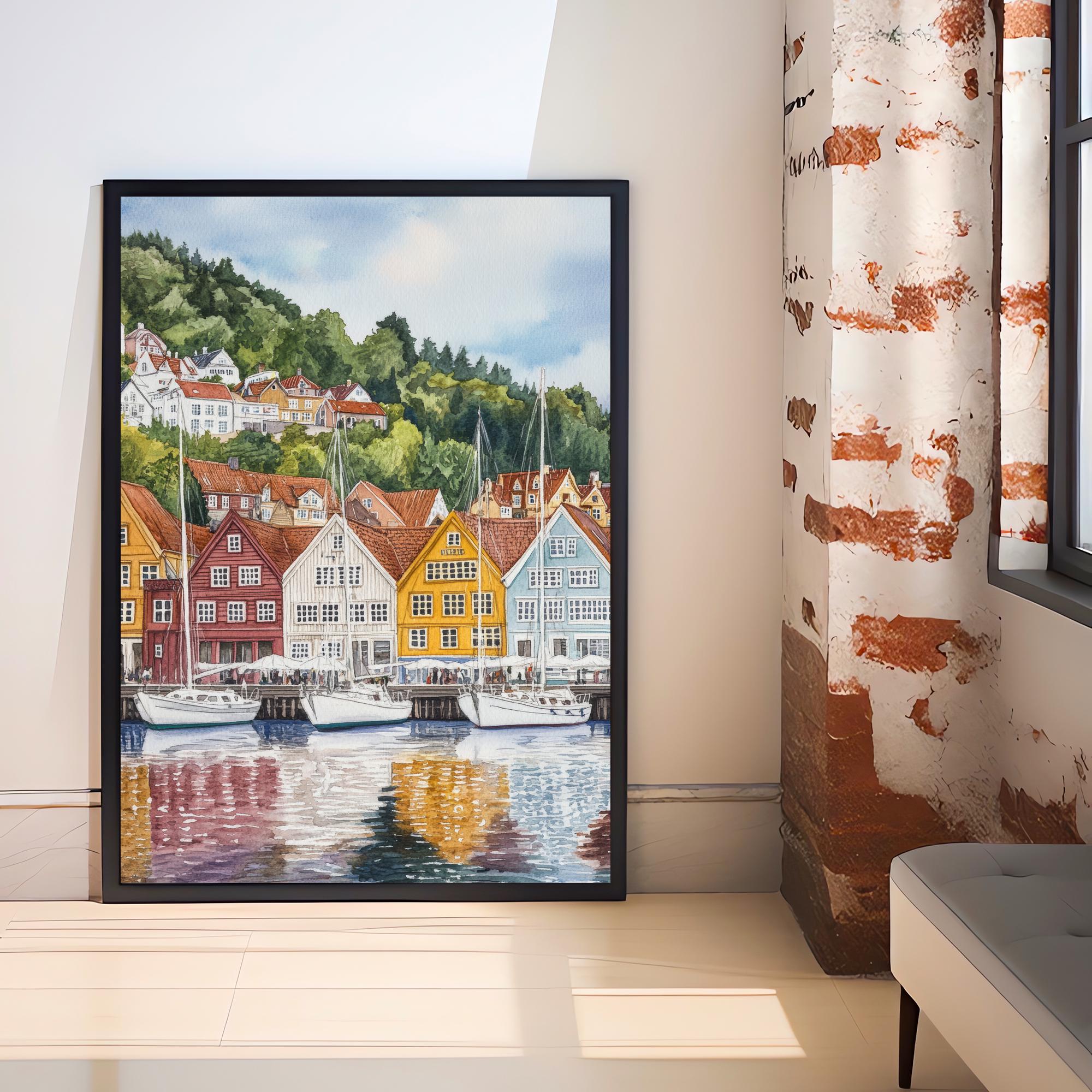 Bergen Norway Watercolor Painting Norwegian City Art Bergen Print Scenic Harbor Landscape Decor Gift for Norway Lovers