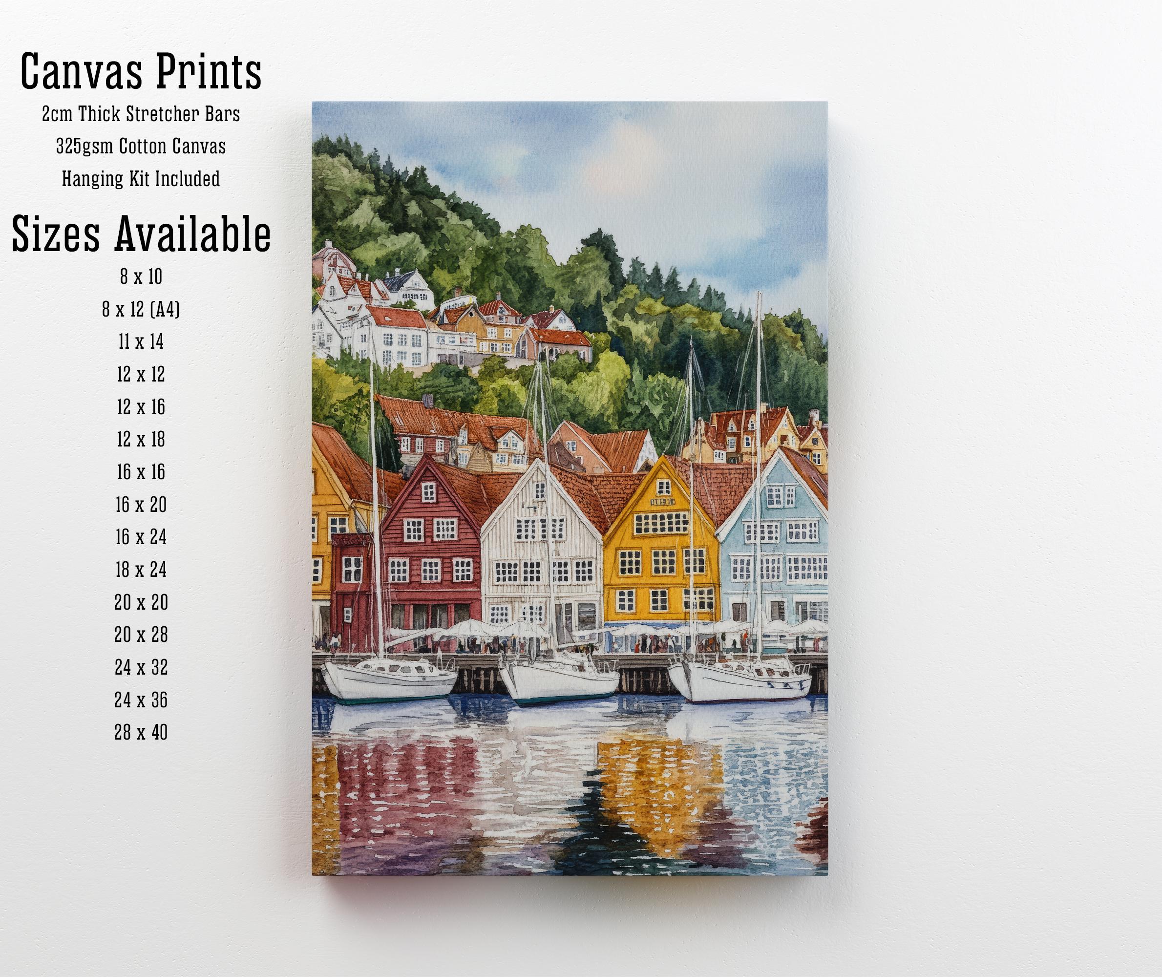 Bergen Norway Watercolor Painting Norwegian City Art Bergen Print Scenic Harbor Landscape Decor Gift for Norway Lovers