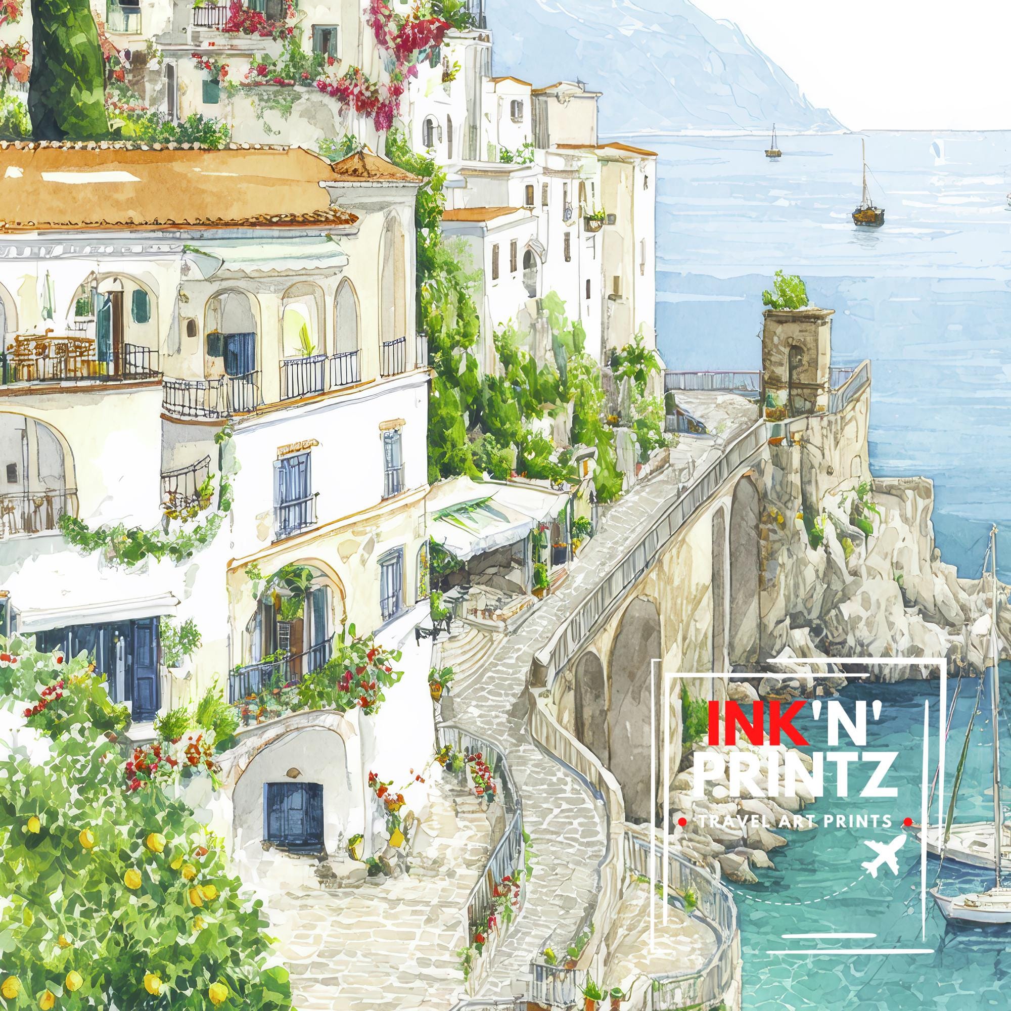 Amalfi Coast Watercolor Painting Italy Coastal Art Amalfi Print Scenic Village Decor