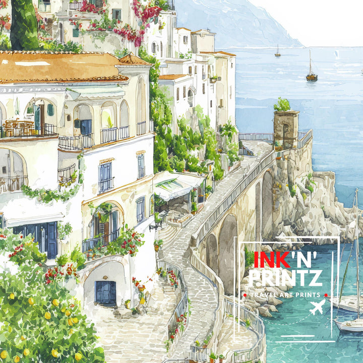 Amalfi Coast Watercolor Painting Italy Coastal Art Amalfi Print Scenic Village Decor