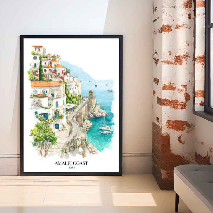 Amalfi Coast Watercolor Painting Italy Coastal Art Amalfi Print Scenic Village Decor