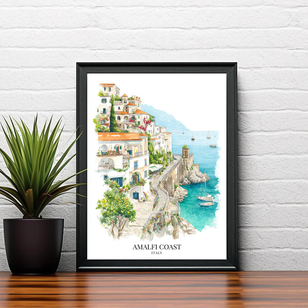 Amalfi Coast Watercolor Painting Italy Coastal Art Amalfi Print Scenic Village Decor