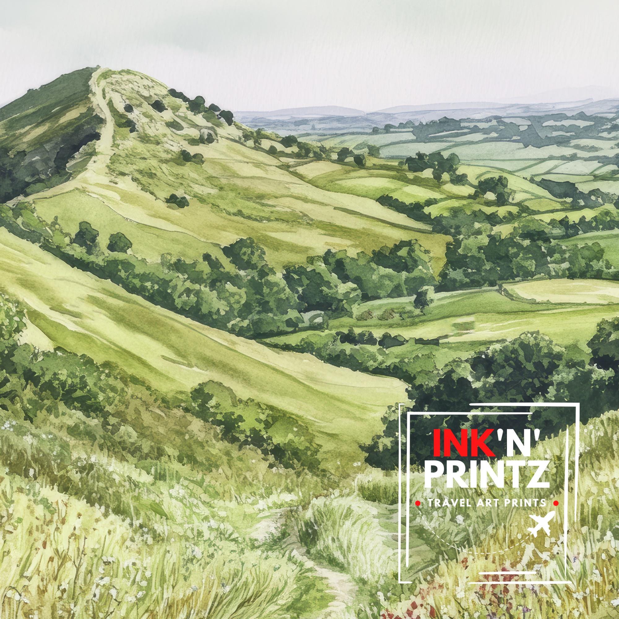 Malvern Hills Watercolor Painting UK Landscape Art Malvern Hills Print Scenic Countryside Decor Gift for Nature Lovers
