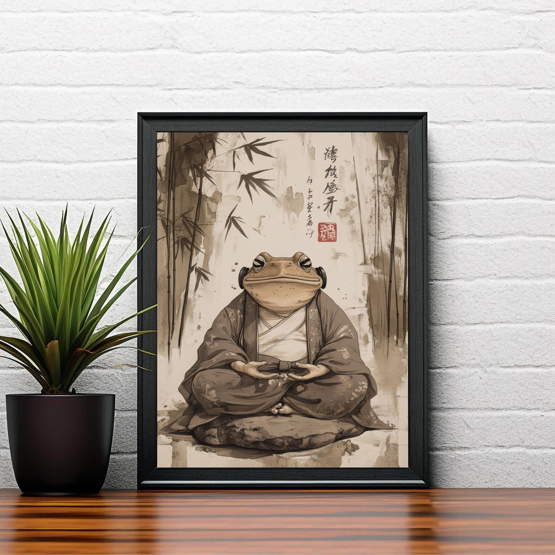 Japanese Meditating Toad Art Print Whimsical Poster Ukiyo-e Style Amphibian Wall Art for Cozy Homes Zen Decor and Nature Inspired Spaces