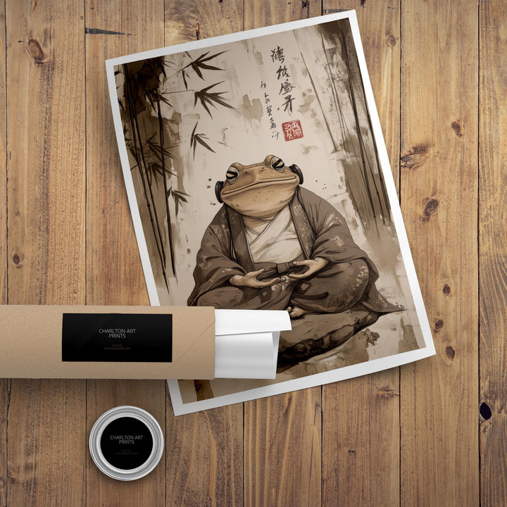 Japanese Meditating Toad Art Print Whimsical Poster Ukiyo-e Style Amphibian Wall Art for Cozy Homes Zen Decor and Nature Inspired Spaces